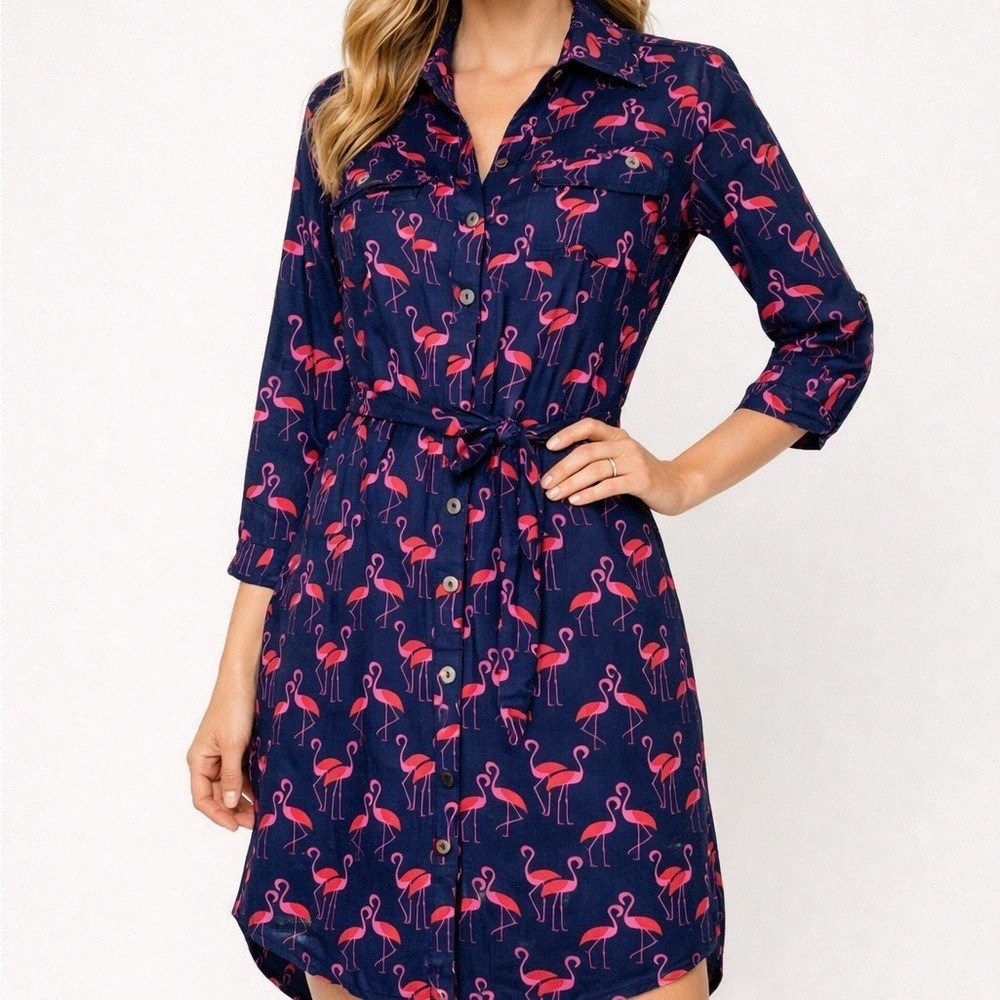 Escapada Navy Dress‎ with Pink Flamingo Pattern